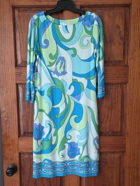 London Times Teal and Light Blue Swirl Print Dress